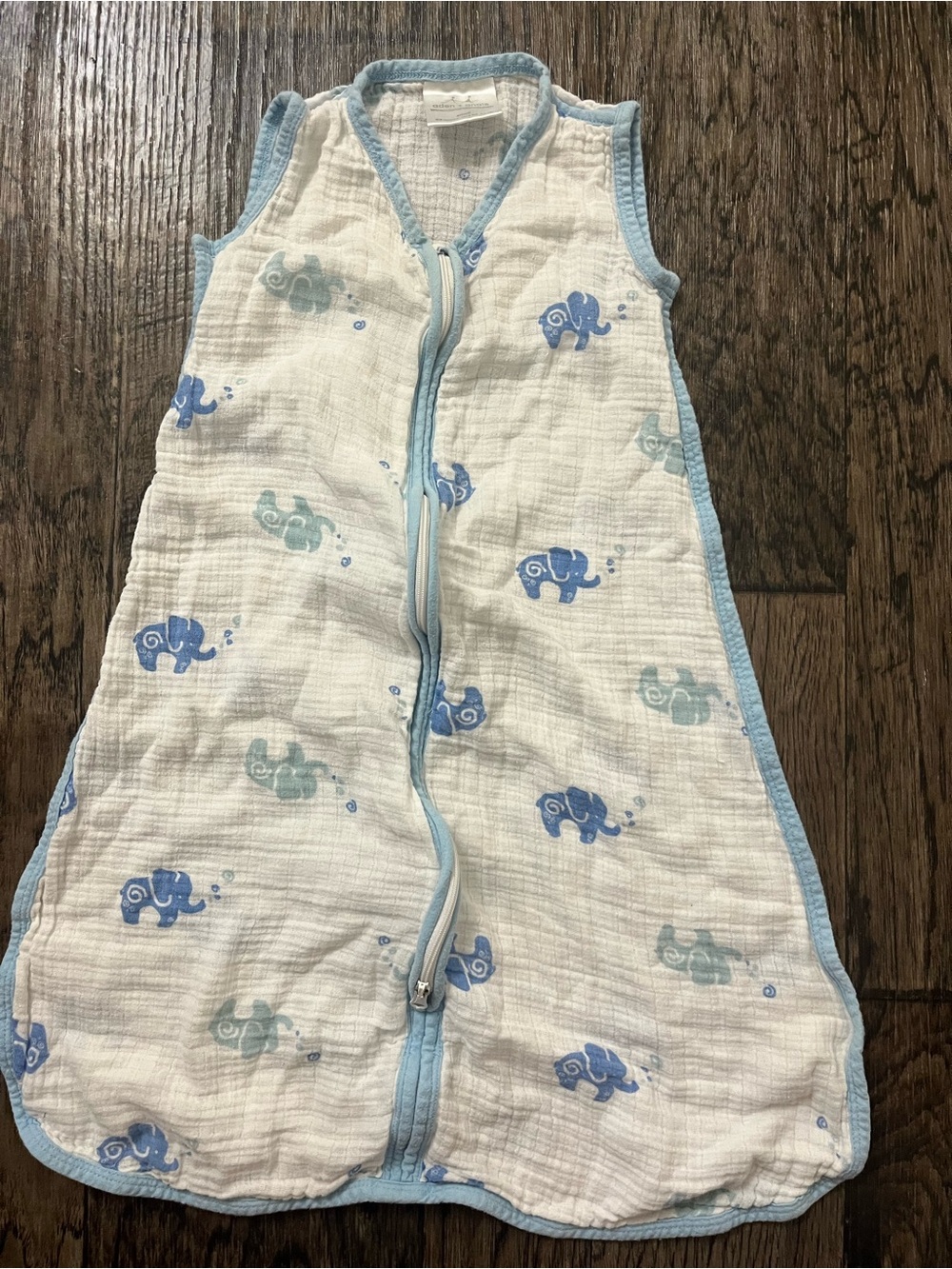 aden + anais White Muslin Sleep Sack with Blue Elephant Print